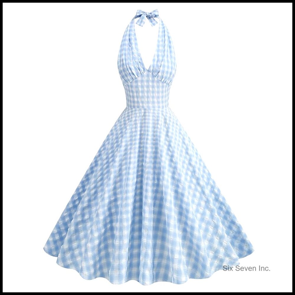 Vintage Plaid Swing Dress Halter Backless Midi Formal Cocktail